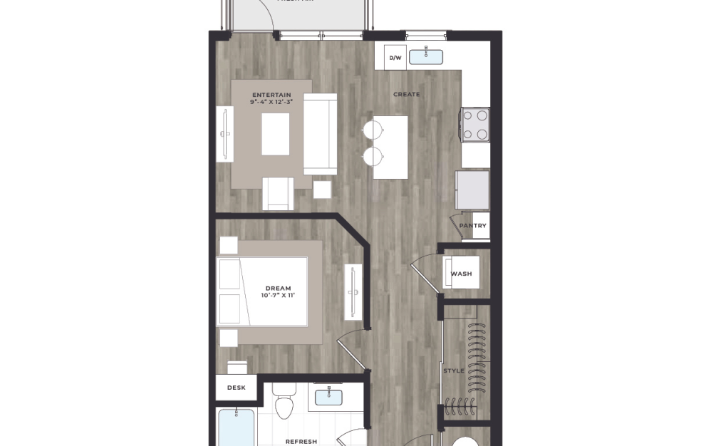 JA1 - 1 bedroom floorplan layout with 1 bath and 650 square feet.
