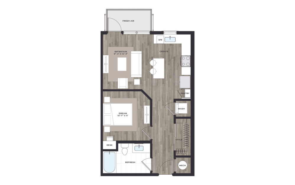 JA1 - 1 bedroom floorplan layout with 1 bathroom and 650 square feet